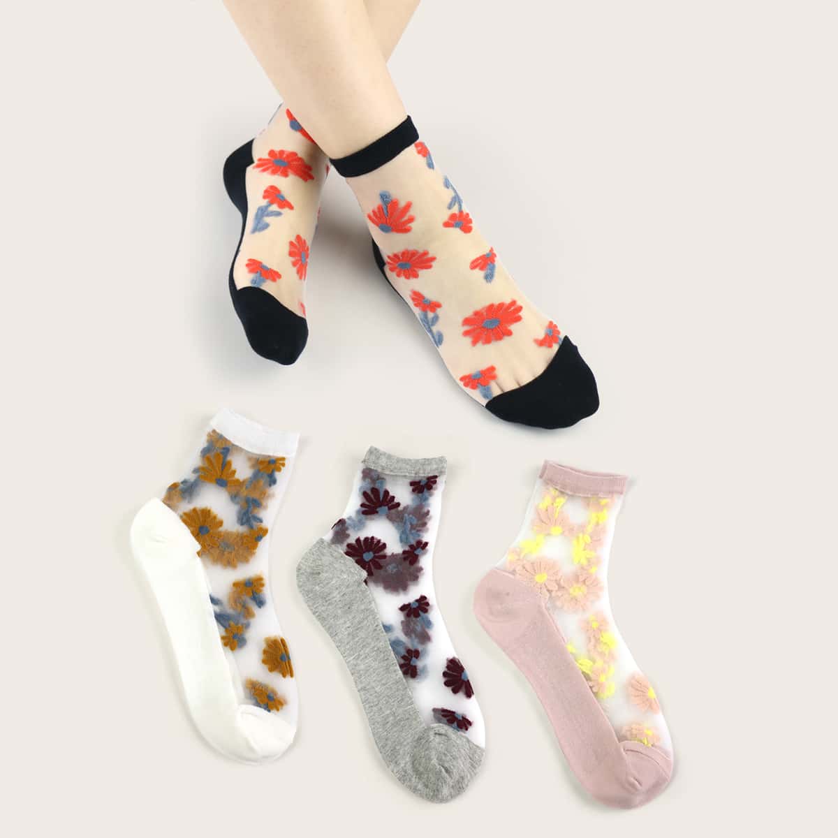 

4pairs Floral Pattern Mesh Socks, Multicolor