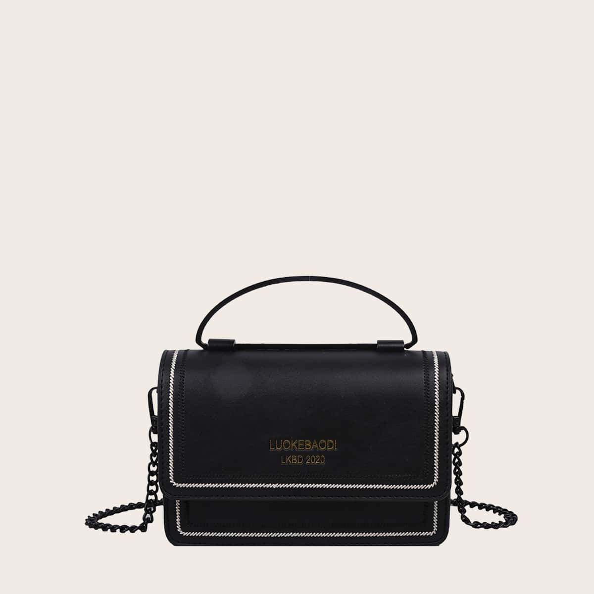 

Letter Graphic Flap Chain Satchel Bag, Black