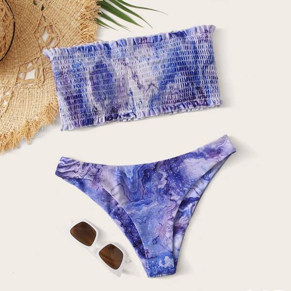 

Tie Dye Smocked Frill Bandeau Bikini Swimsuit, Multicolor