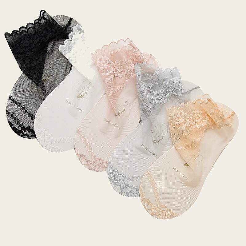 

5pairs Flower Pattern Mesh Socks, Multicolor