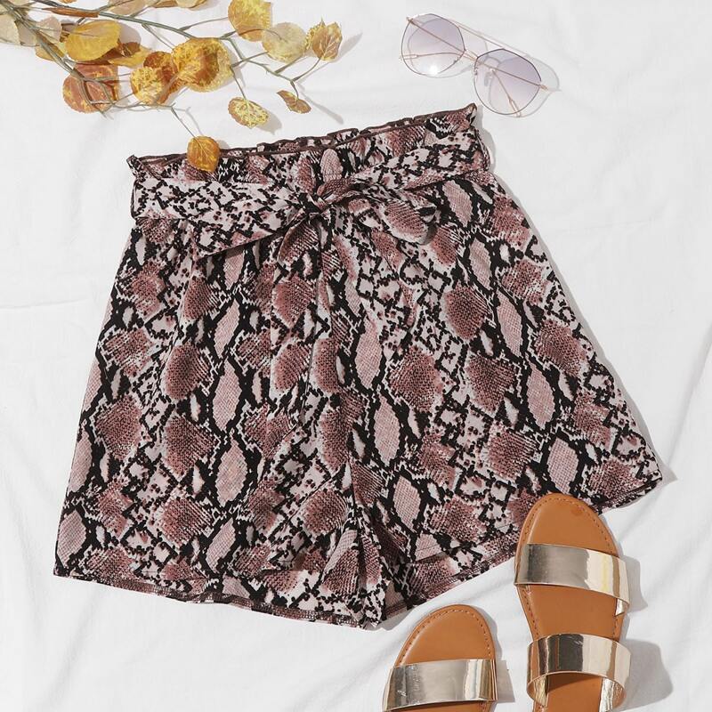 

Paperbag Waist Belted Snakeskin Print Shorts, Multicolor
