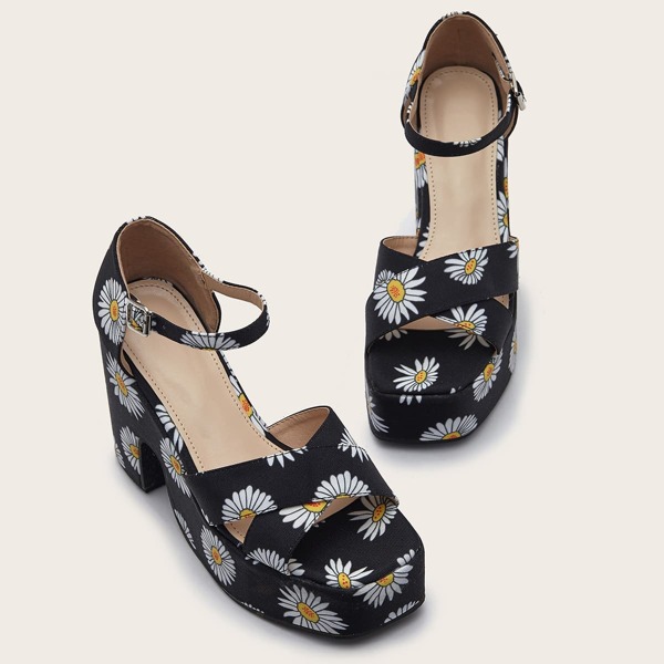 

Daisy Floral Graphic Ankle Strap Chunky Heels, Black