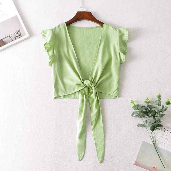 

Tie Front Ruffle Sleeve Crop Top, Green
