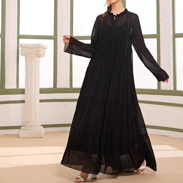 

Frill Trim Tie Neck Tiered Chiffon Dress With Camisole, Black