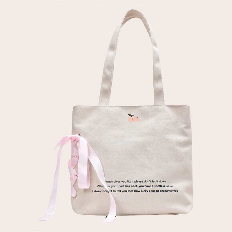 

Lace-up Decor Letter Graphic Tote Bag, Beige