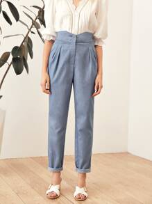 BizChic Notch Waist Fold Pleated Front Tailored Pants - Blue - View 4