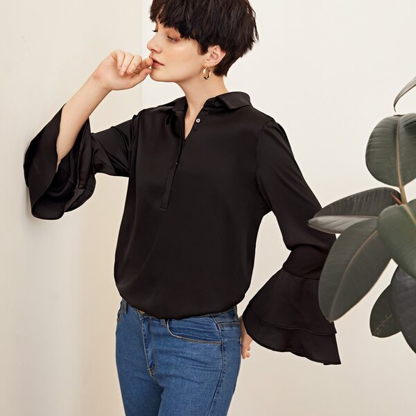 

Layered Bell Sleeve Satin Blouse, Black