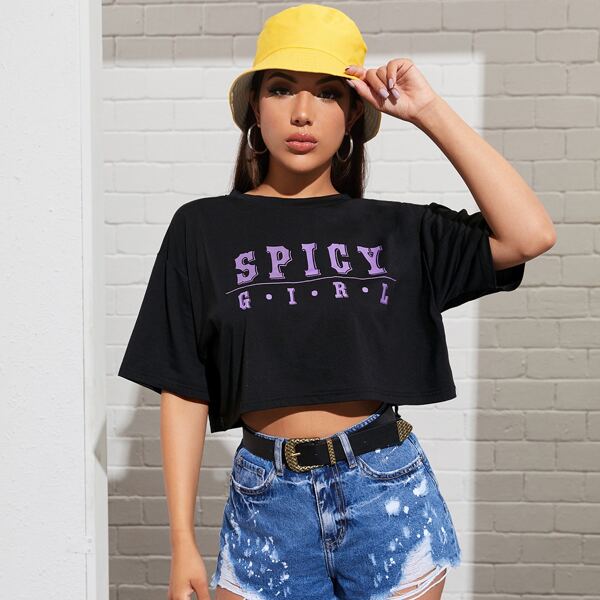 

Drop Shoulder Slogan Graphic Tee, Black