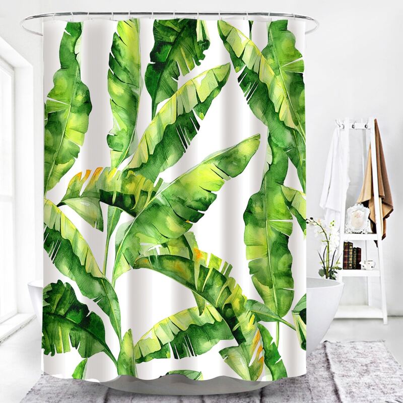

Leaf Print Shower Curtain With 12hooks, Green