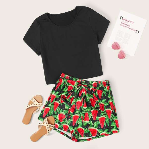 

Plus Solid Tee With Watermelon Print Tie Front Shorts, Multicolor