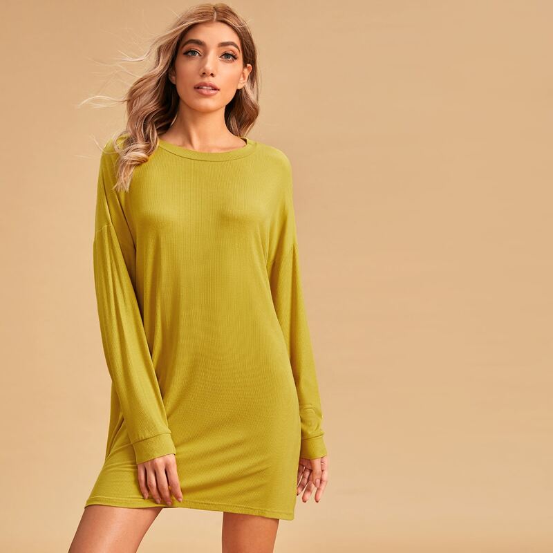 

Drop Shoulder Rib-knit Nightdress, Yellow
