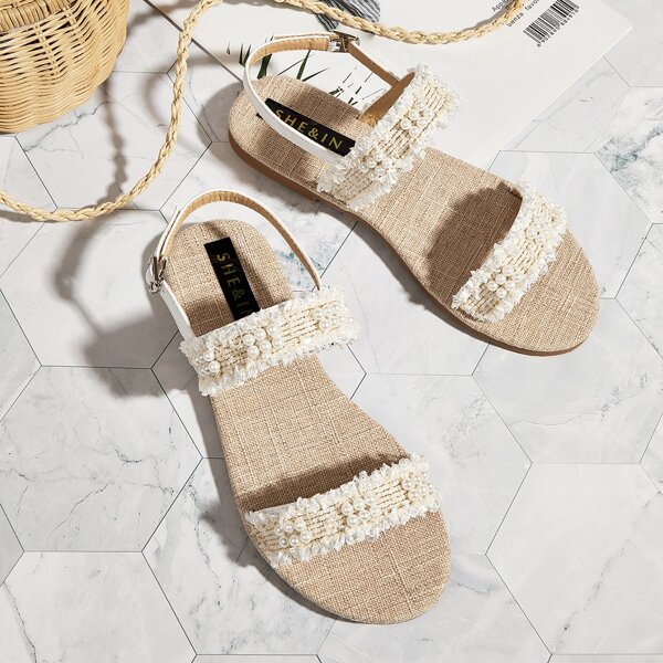 

Faux Pearl Decor Tweed Strap Sandals, Apricot