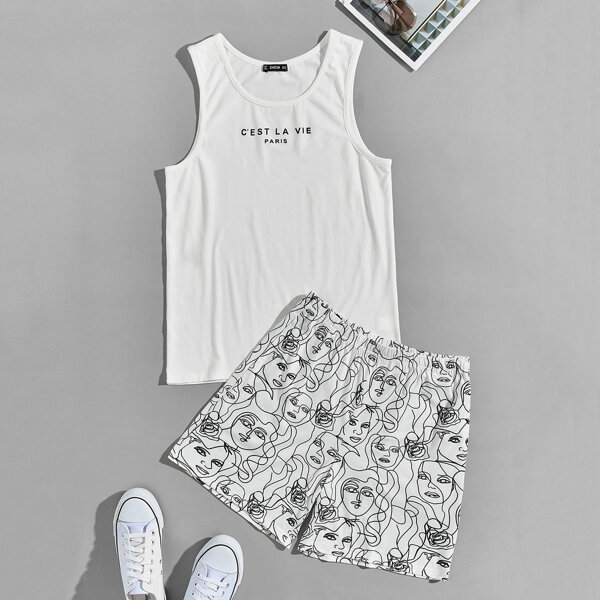 

Men Slogan Graphic Tank Top and Figure Shorts PJ Set, White