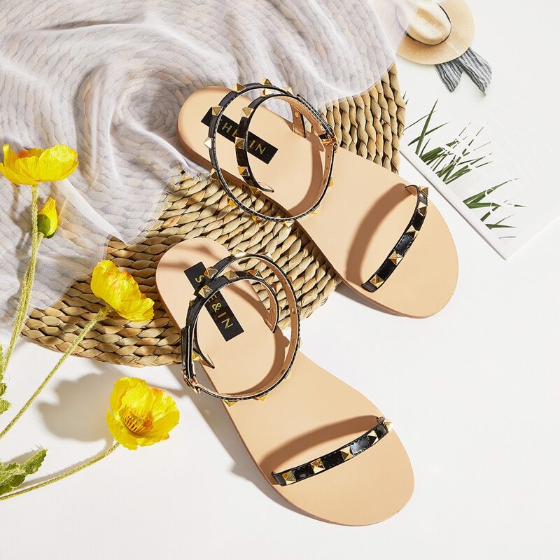 

Studded Decor Ankle Strap Sandals, Black