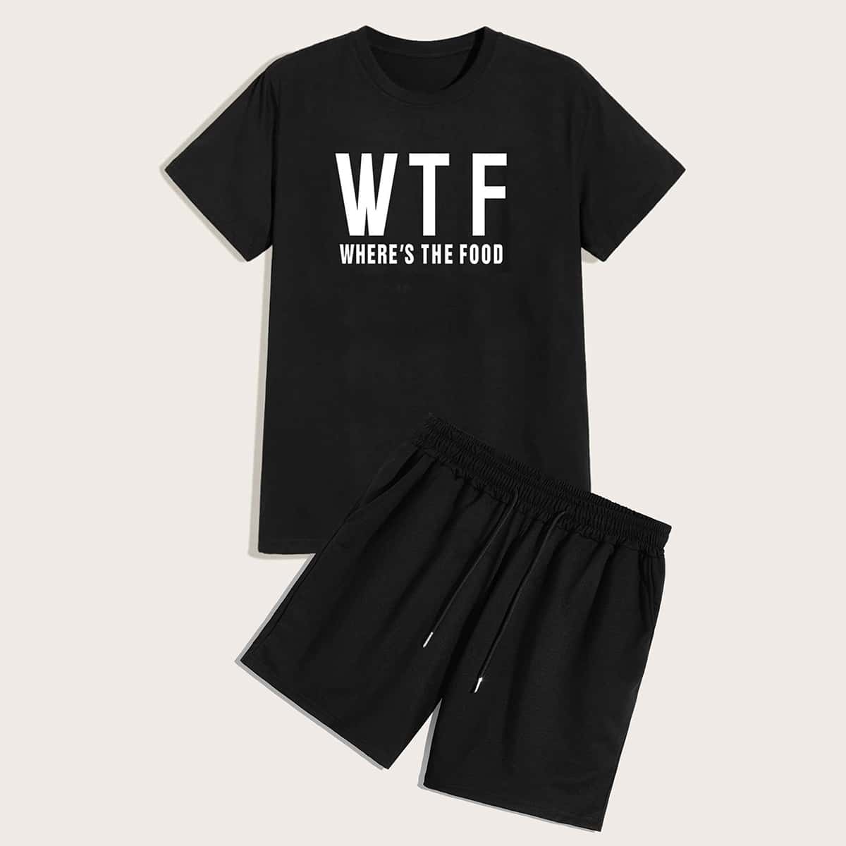 

Guys Slogan Graphic Tee With Drawstring Shorts, Black