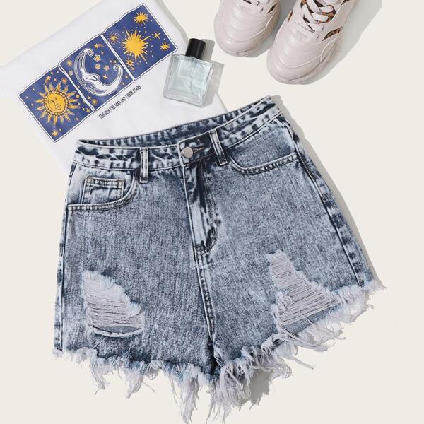 

Ripped Raw Hem Denim Shorts, Blue