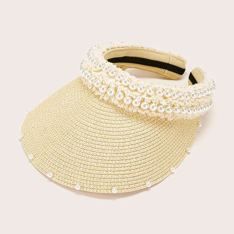 

Faux Pearl Panel Visor Cap, Beige