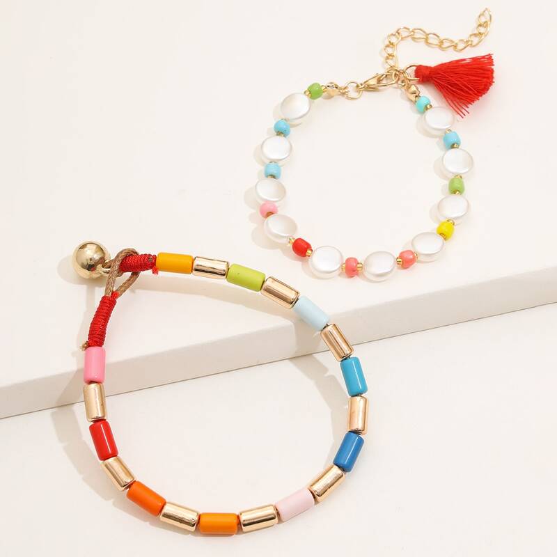 

2pcs Tassel Charm Bracelet, Multicolor
