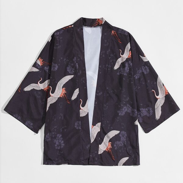 

Men Floral And Crane Print Kimono, Navy