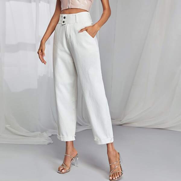 

High Waist Rolled Up Hem Jeans, White