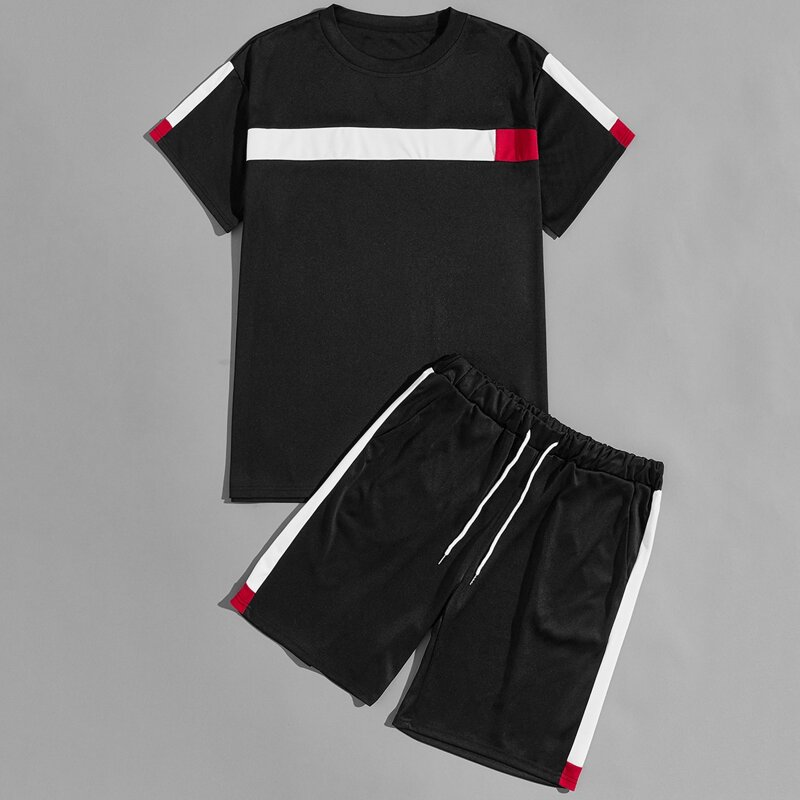 

Guys Contrast Panel Tee & Drawstring Slant Pocket Shorts, Black