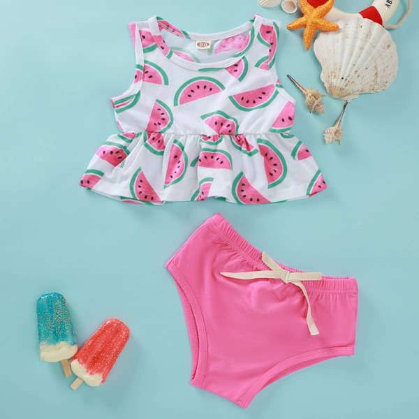

Baby Girl Watermelon Print Ruffle Hem Top & Shorts, Multicolor