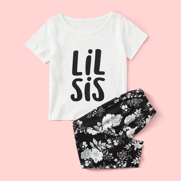 

Toddler Girls Letter Graphic PJ Set, Black and white
