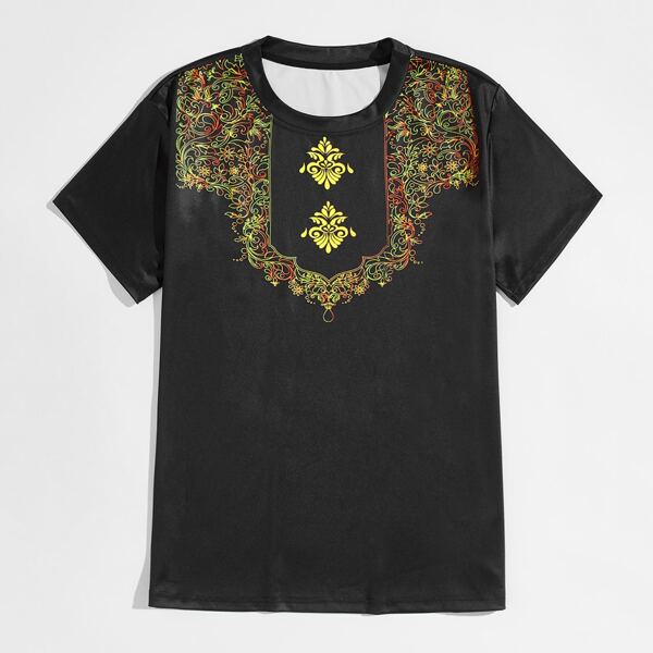 

Men Tribal Print Round Neck Tee, Black