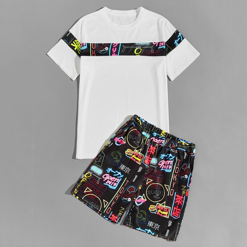 

Guys Graffiti Print Tee With Shorts, Multicolor
