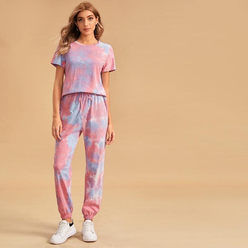 

Tie Dye Tee With Drawstring Pants PJ Set, Multicolor