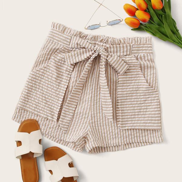 

Plus Tie Front Paperbag Waist Striped Shorts, Multicolor