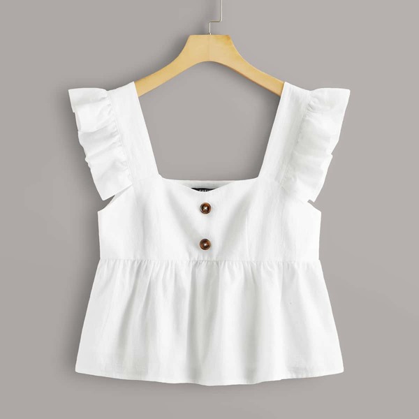

Ruffle Trim Buttoned Front Peplum Top, White