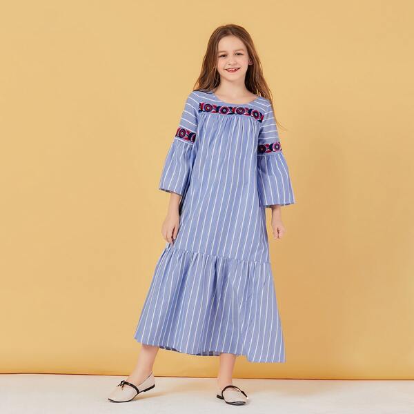 

Girls Floral Embroidered Stripe Print Smock Dress, Blue