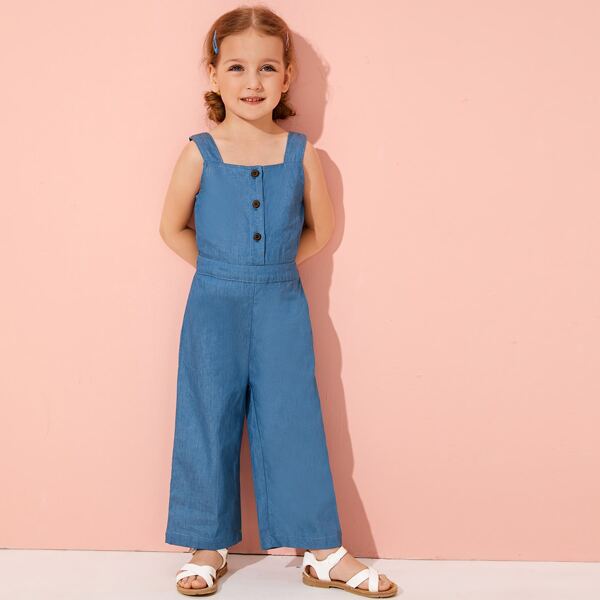 

Toddler Girls Button Front Wide Leg Denim Jumpsuit, Blue