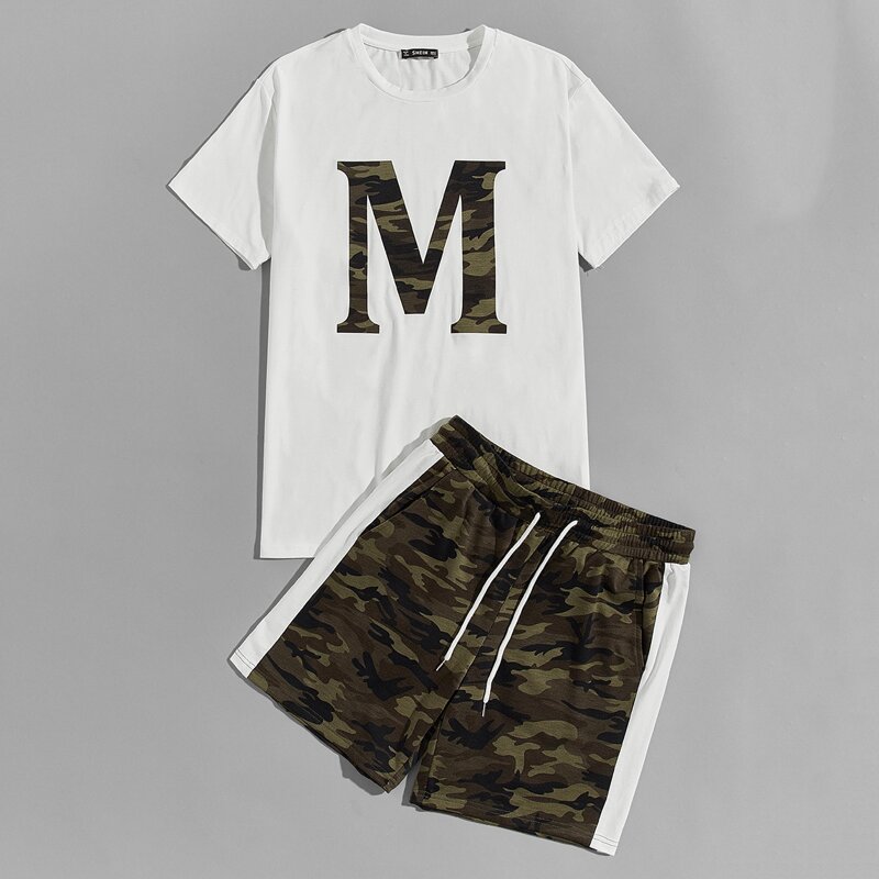 

Guys Letter Graphic Top & Contrast Sideseam Shorts Set, Multicolor