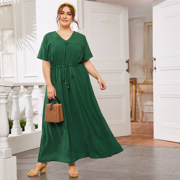 

Plus Drawstring Waist Solid Dress, Green