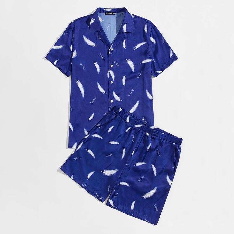 

Guys Notched Collar Letter and Feather Print Shirt & Shorts PJ Set, Royal blue