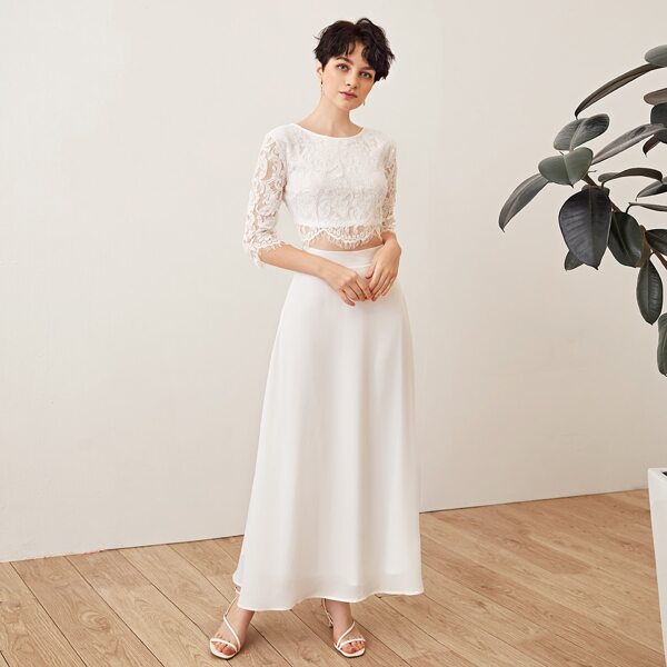 

Кружевной короткий топ и расклешенная юбка, Белый