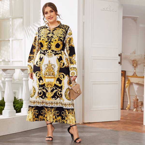 

Plus Baroque Print Maxi Shirt Dress, Multicolor