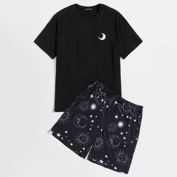 

Men Moon Print Top & Galaxy Print Shorts Pj Set, Black