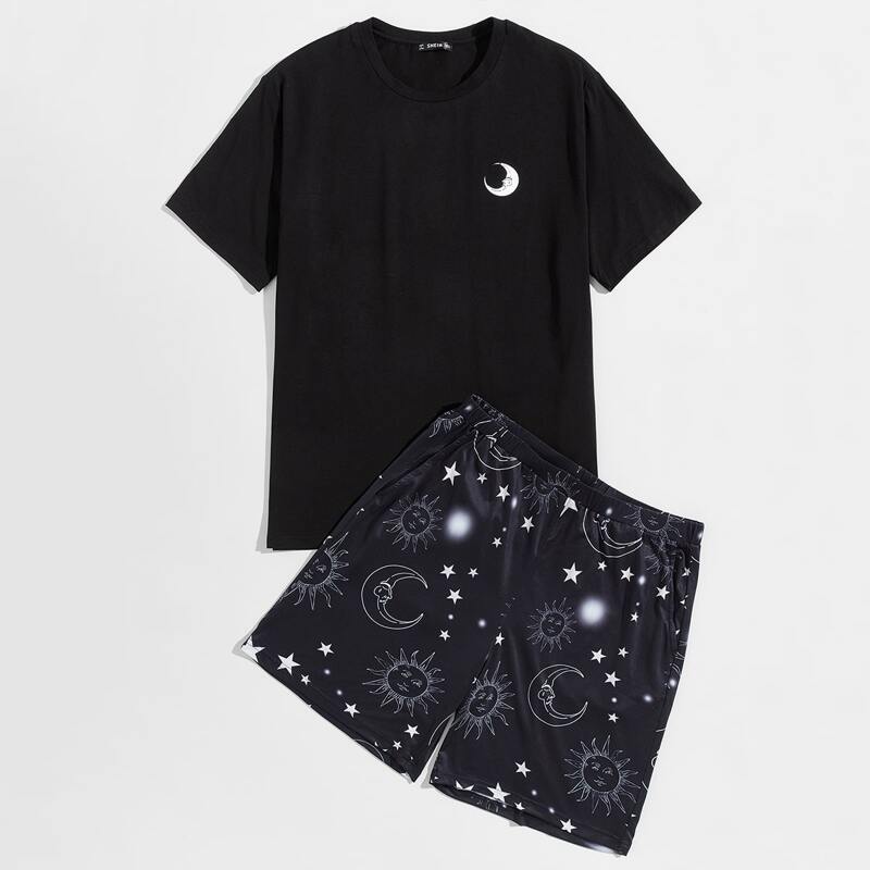 

Guys Moon Print Top & Galaxy Print Shorts Pj Set, Black