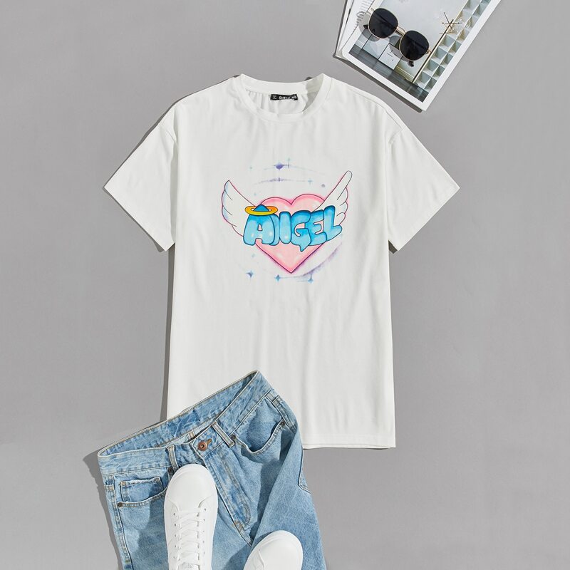 

Guys Letter and Heart Print Top, White
