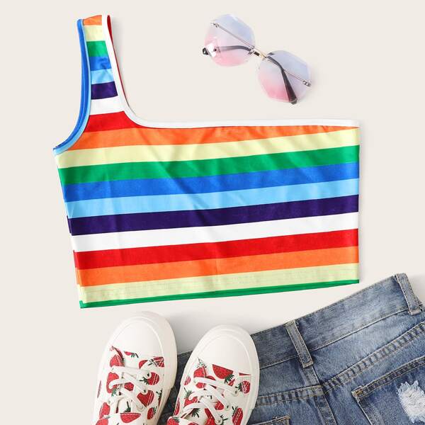 

Plus Rainbow Striped One Shoulder Crop Top, Multicolor