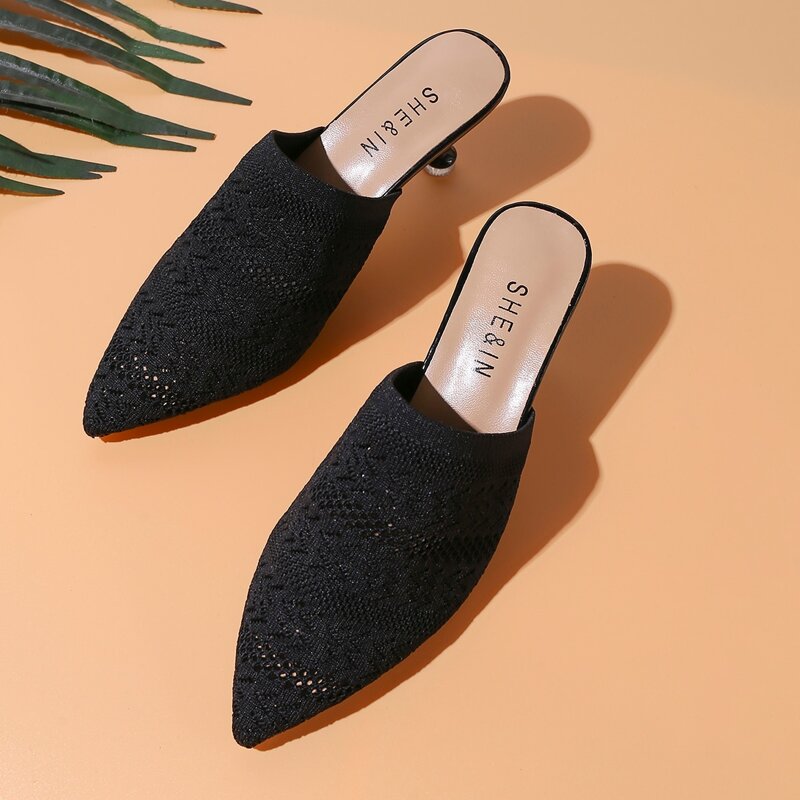 

Point Toe Knit Stiletto Heeled Mules, Black