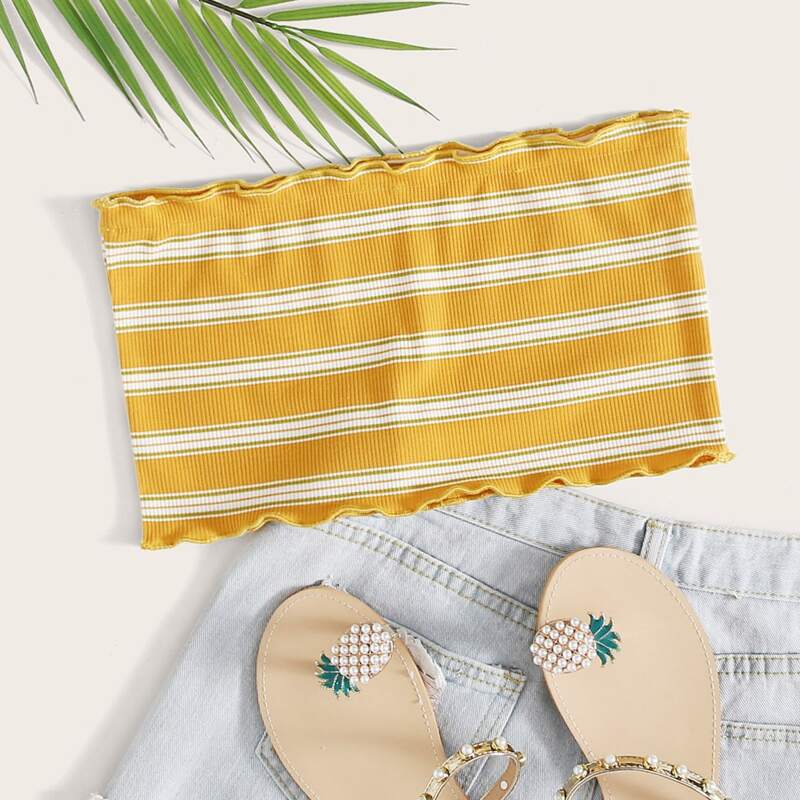 

Lettuce Frill Striped Tube Crop Top, Yellow