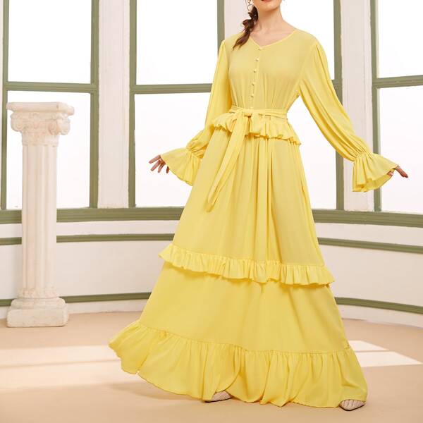 

Button Front Ruffle Trim Flounce Sleeve Dress, Yellow
