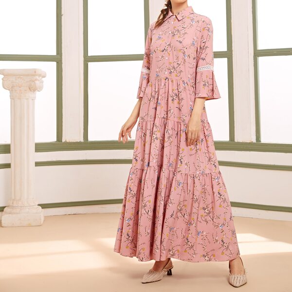 

Flounce Sleeve Tiered Hem Ditsy Floral Dress, Pink