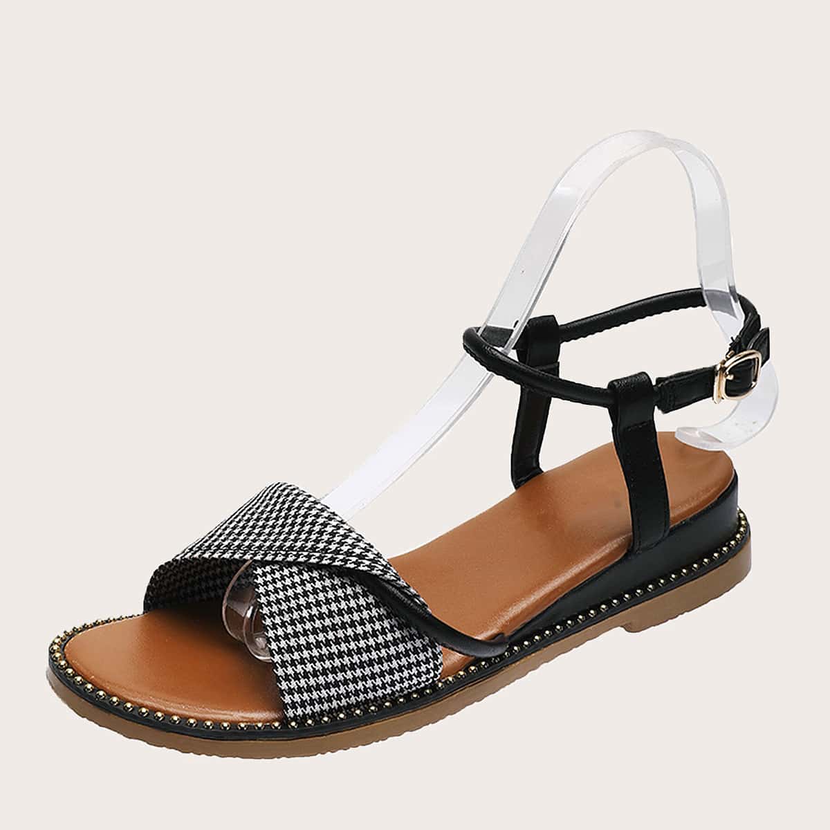 

Houndstooth Ankle Strap Sandals, Black and white