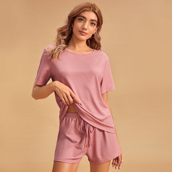 

Solid Ribbed Drawstring PJ Set, Pink