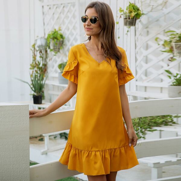 

V-neck Ruffle Hem Flounce Sleeve Smock Dress, Yellow